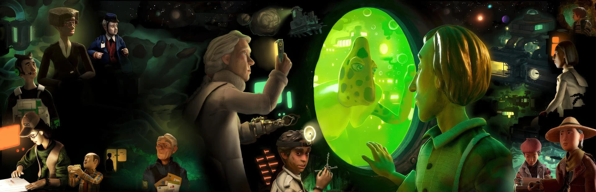 Arte apaisado con los vecinos de la nave hechos de arcilla y, en el centro, Harold ante un ojo de buey verde con un ser acuático al otro lado