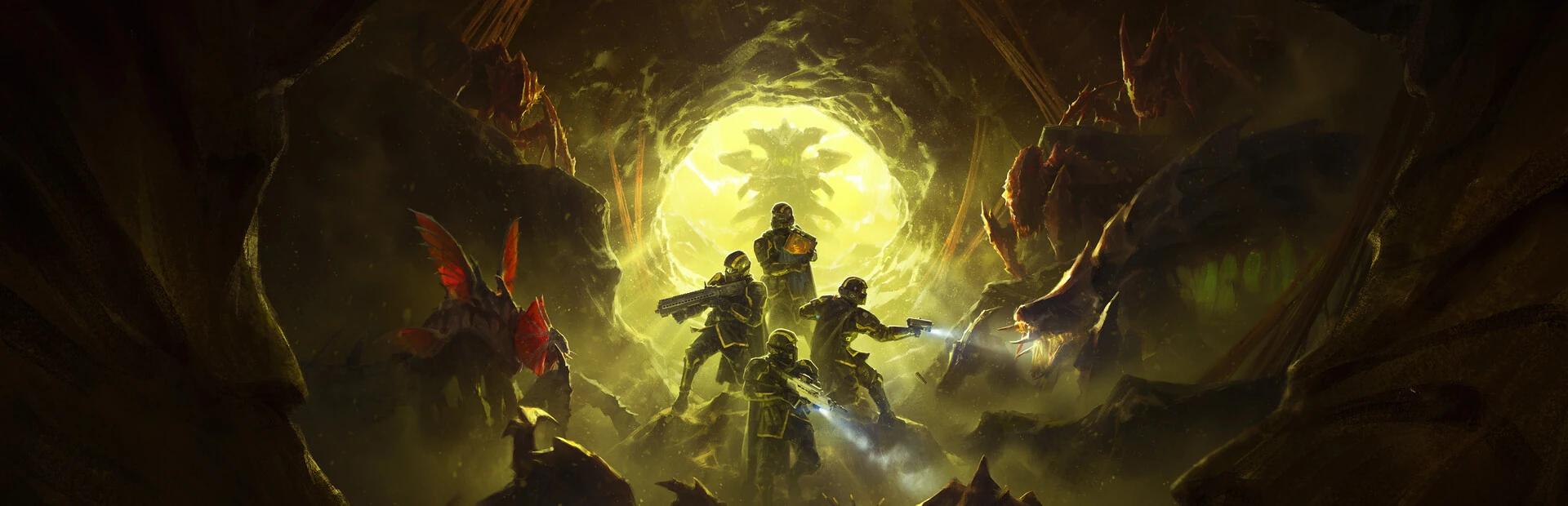 Cuatro Helldivers en un túnel iluminado de verde, con insectos alados a ambos lados