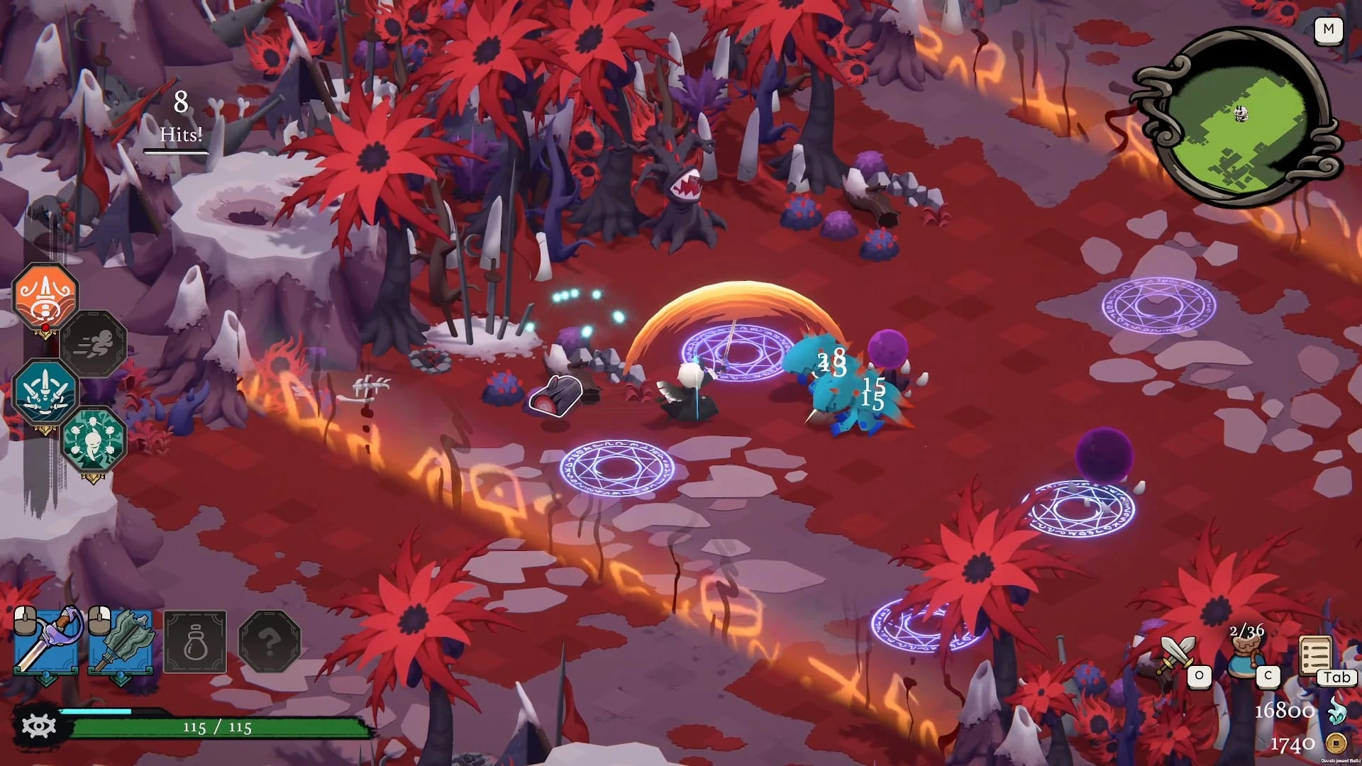 Vista isométrica de un combate en un campo de flores rojas gigantes, con el protagonista entre círculos mágicos morados y un enemigo azul