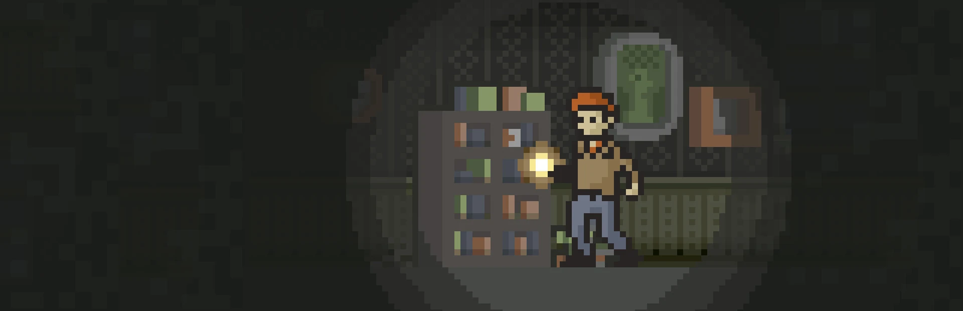 El protagonista, en pixel art, ilumina con la linterna una estantería en una habitación a oscuras