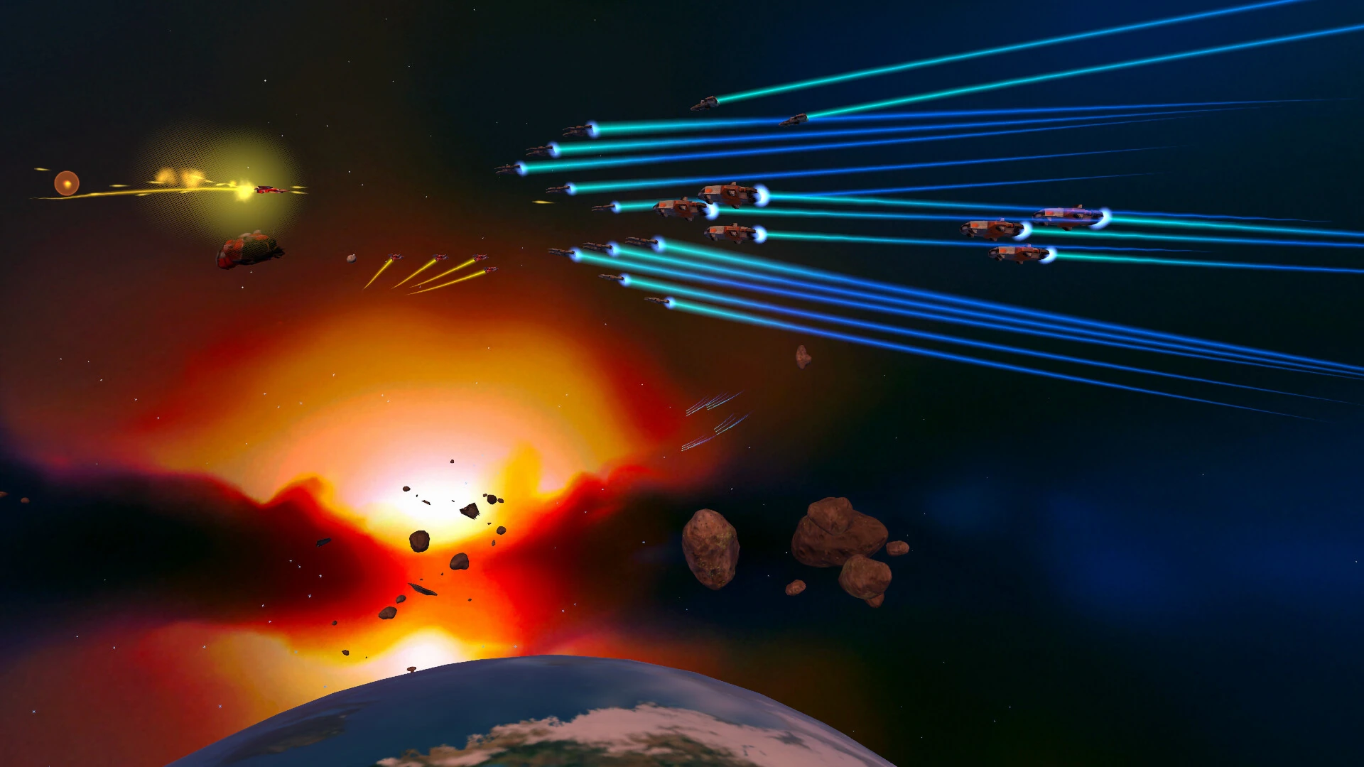 Filas de naves disparan rayos azules sobre un planeta, con un sol rojo y asteroides al fondo