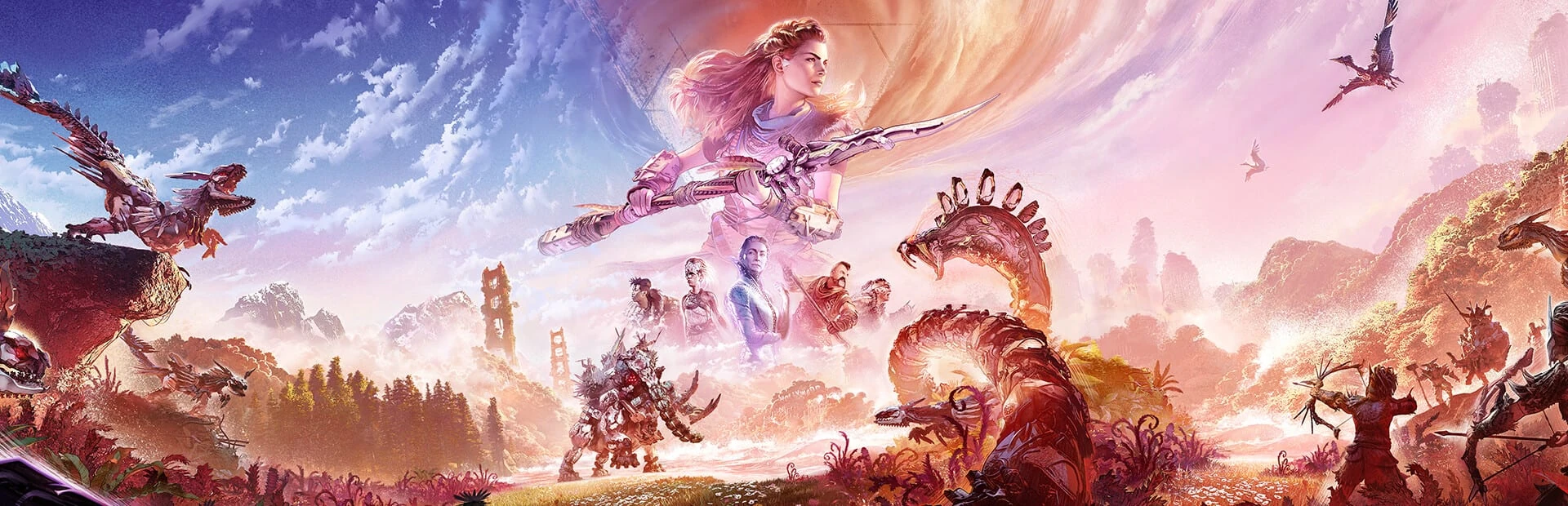 Arte apaisado: Aloy con su lanza en el cielo, sus compañeros debajo y máquinas con forma de dinosaurio y de serpiente en un valle
