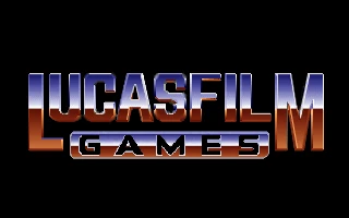 El logotipo de Lucasfilm Games en letras cromadas, mitad azul y mitad cobre, sobre fondo negro