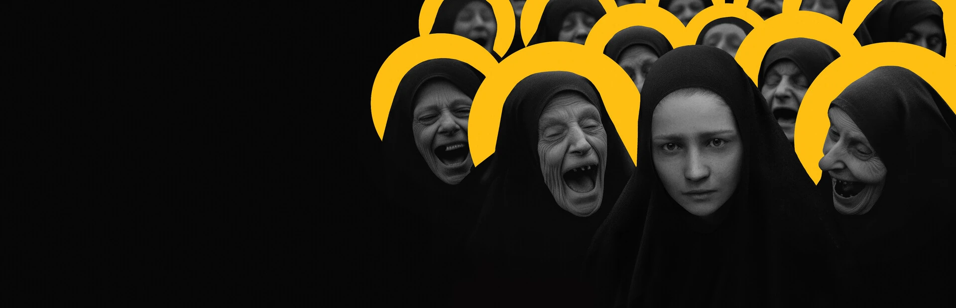 Monjas con aureolas amarillas que ríen o gritan alrededor de una joven monja de gesto serio, a la derecha sobre fondo negro