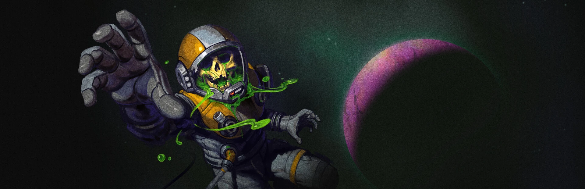 Un astronauta muerto, con una calavera tras el visor y baba verde escapando del casco, tiende la mano en el espacio junto a un planeta morado