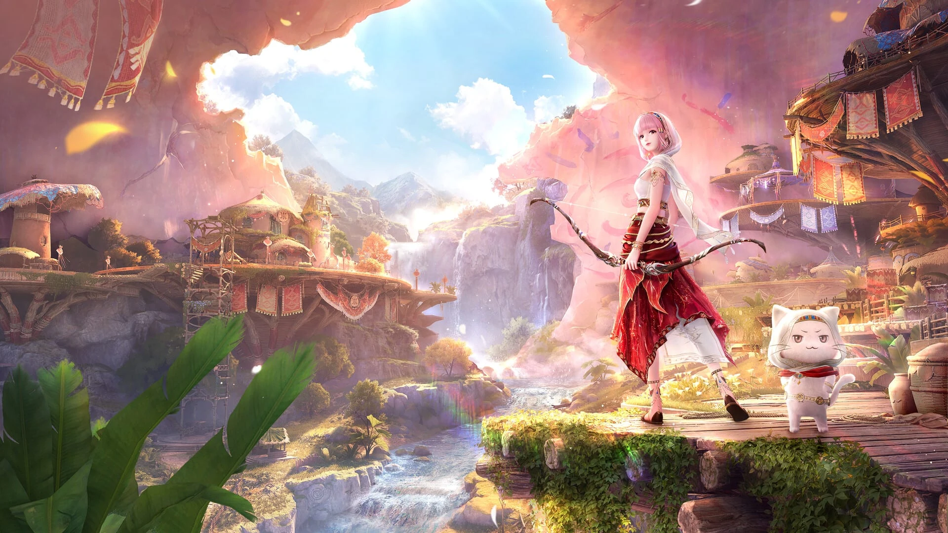 Nikki, con vestido rojo y blanco y un arco, camina junto a Momo, un gato blanco, en una aldea de cuento entre cascadas