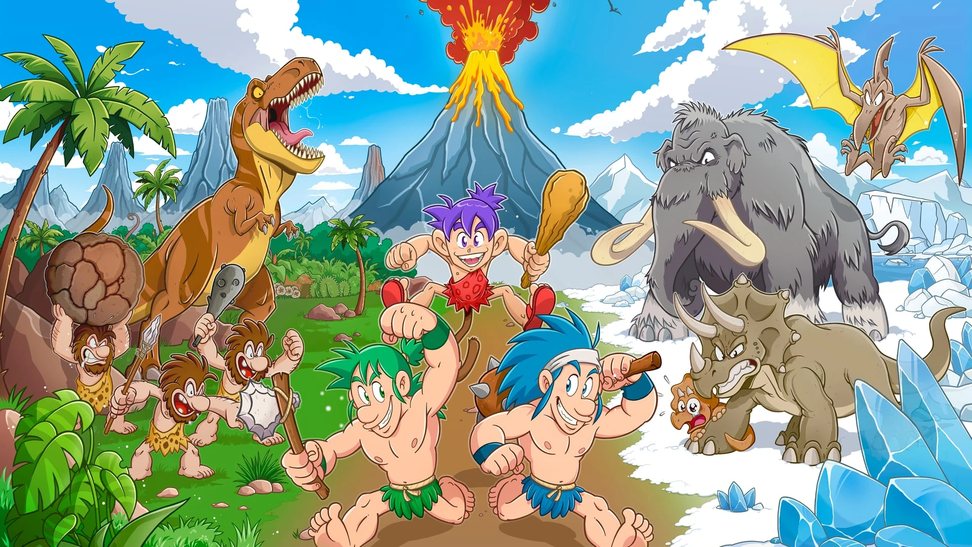 Joe, Mac y Congo, garrote en mano, entre cavernícolas, un tiranosaurio, un mamut y un triceratops, con un volcán en erupción al fondo