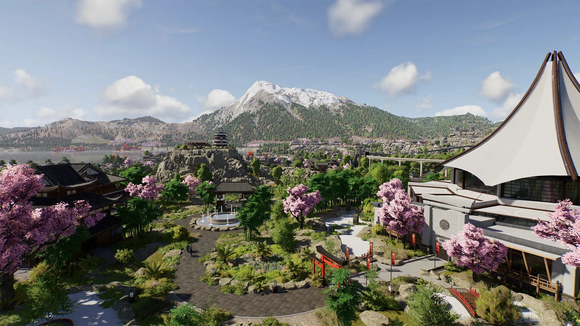 Un parque de estilo japonés con cerezos en flor, pagodas y un edificio de techo de lona, con un monte nevado al fondo