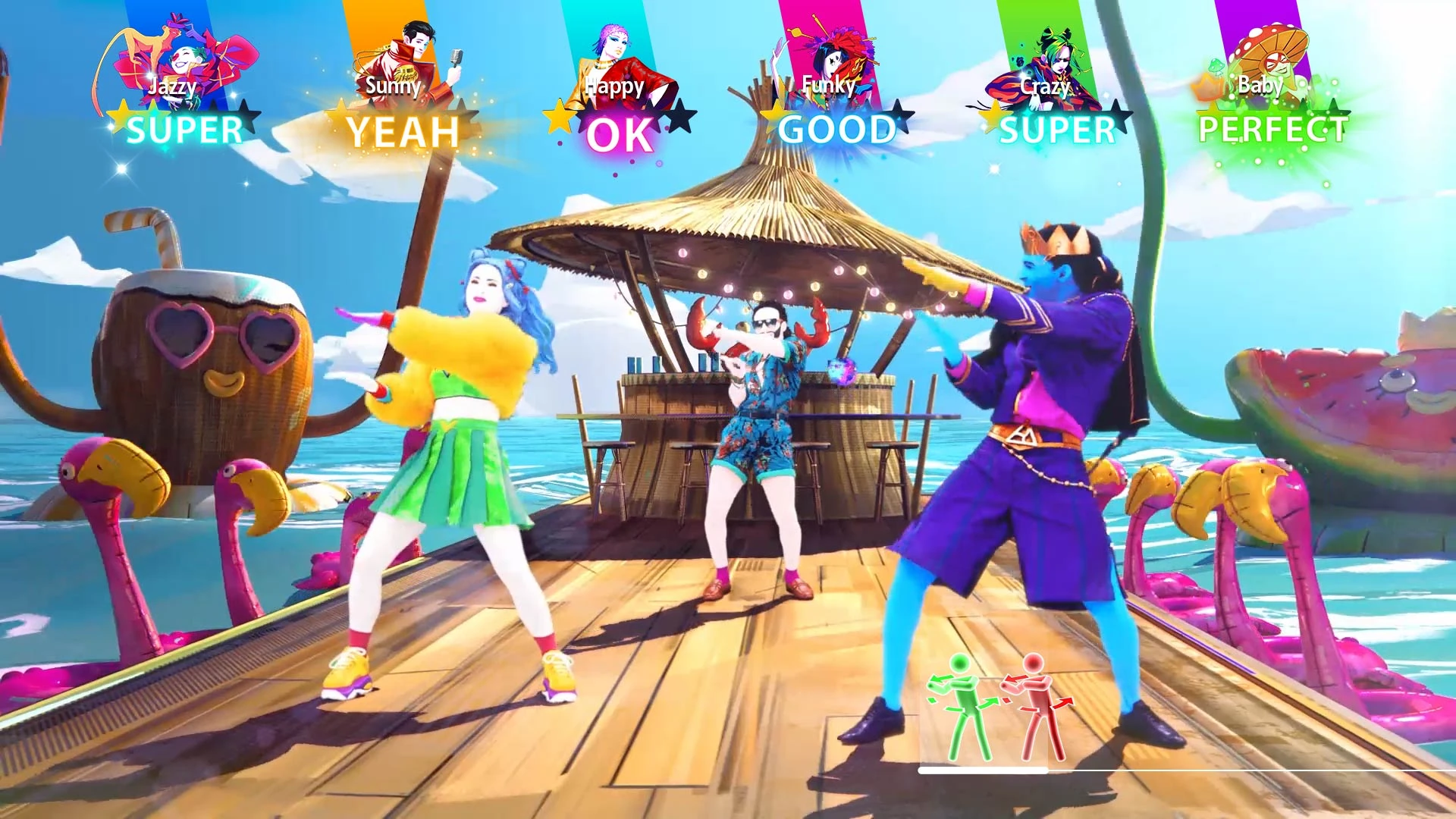 Tres bailarines en un muelle de madera junto al mar, con un coco con gafas de sol y flamencos gigantes a los lados