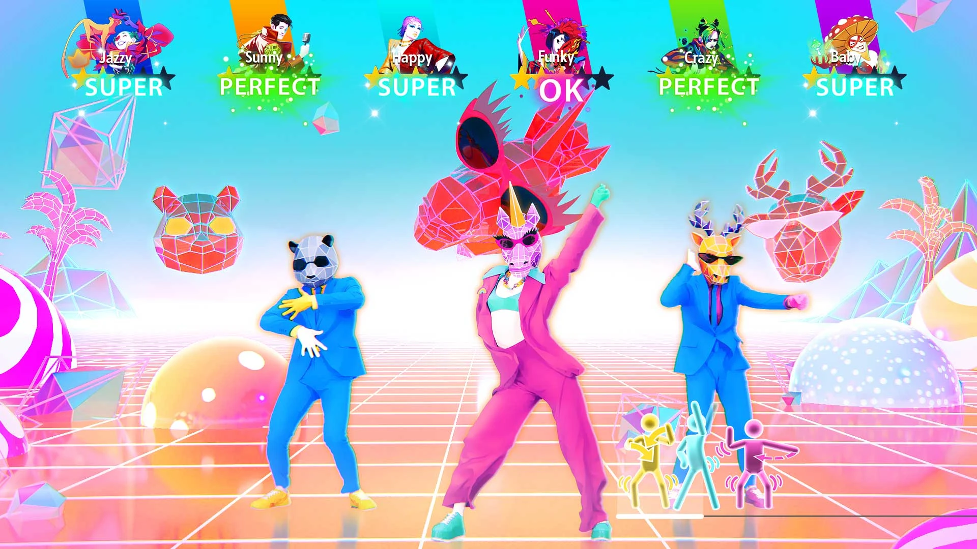 Tres bailarines con cabezas de animal hechas de polígonos, trajes de colores y gafas de sol, en un escenario rosa y celeste