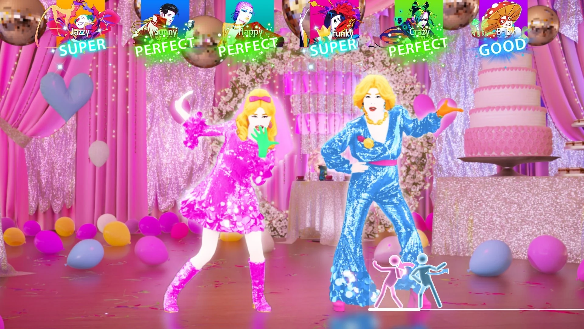 Dos bailarinas, una con vestido rosa de lentejuelas y otra con traje azul brillante, en un salón rosa con globos y una tarta de boda