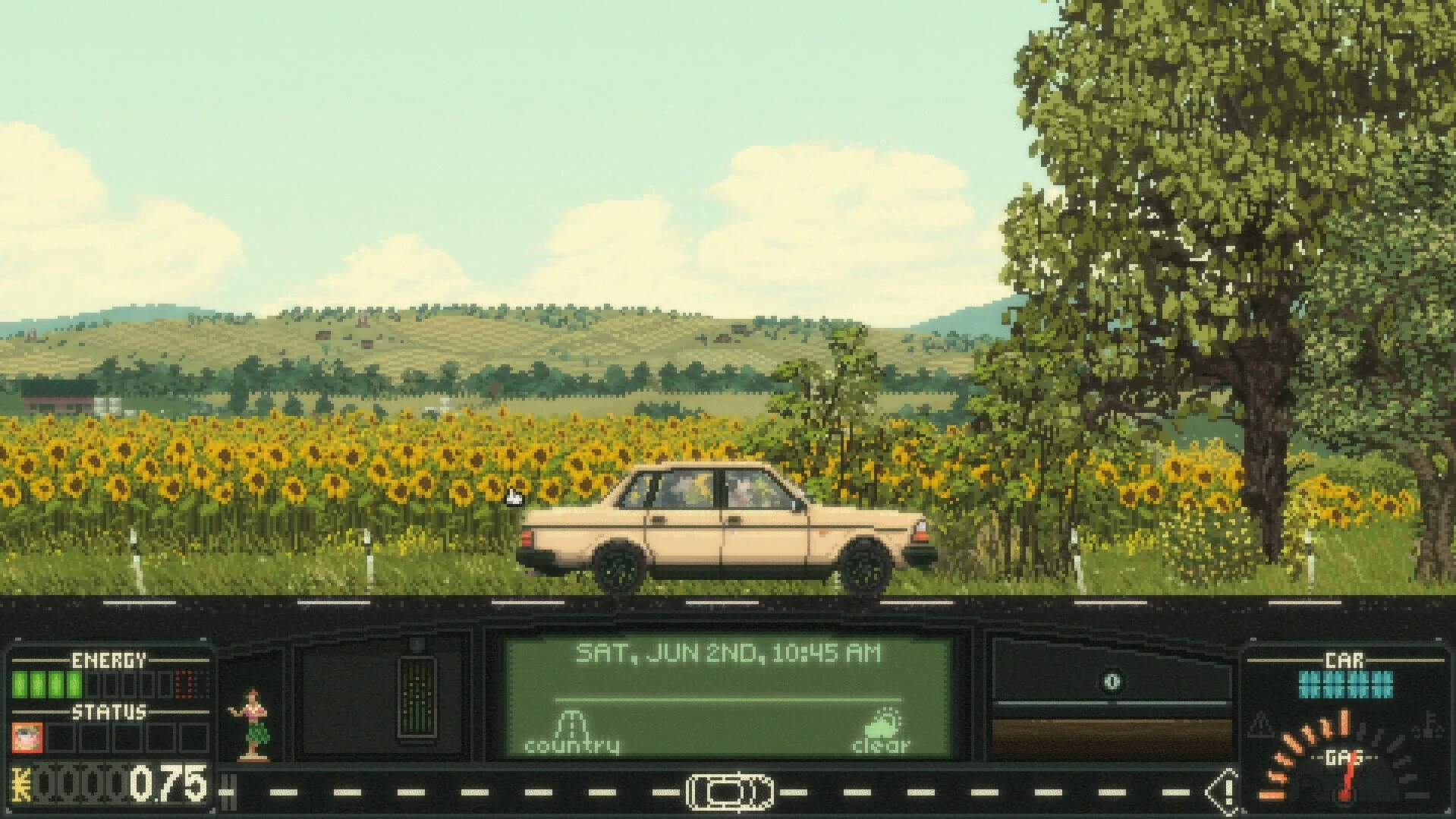 Una berlina beis circula de perfil junto a un campo de girasoles, con árboles y colinas al fondo y el salpicadero del juego abajo
