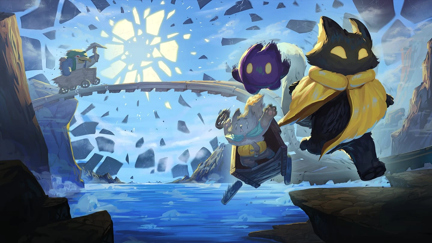 Ilustración: el gato Keko, con su impermeable amarillo, y NightShard, una criatura morada, saltan sobre un río entre acantilados bajo un cielo resquebrajado en fragmentos