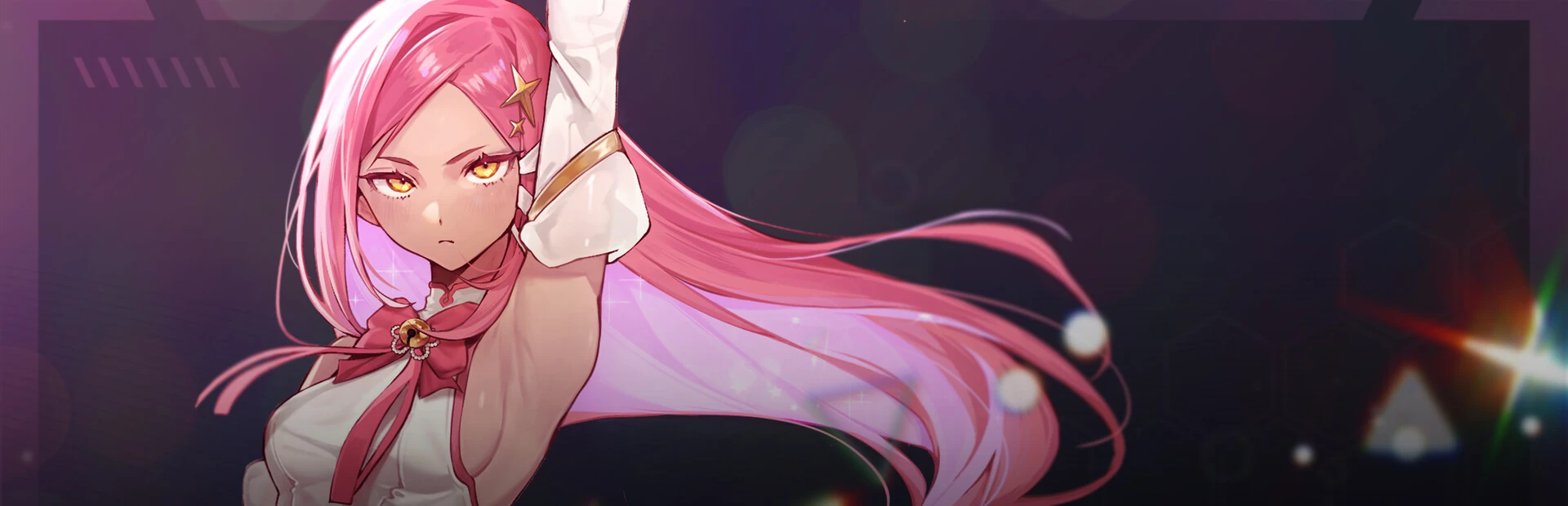 Arte oficial de Kernel Hearts: una chica de pelo largo rosa y ojos amarillos, con un brazo levantado, sobre fondo morado