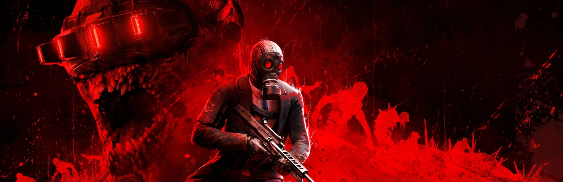 Un especialista con máscara de gas y fusil, a la derecha de la cabeza de un zed con visor de luces rojas que ruge, sobre fondo rojo