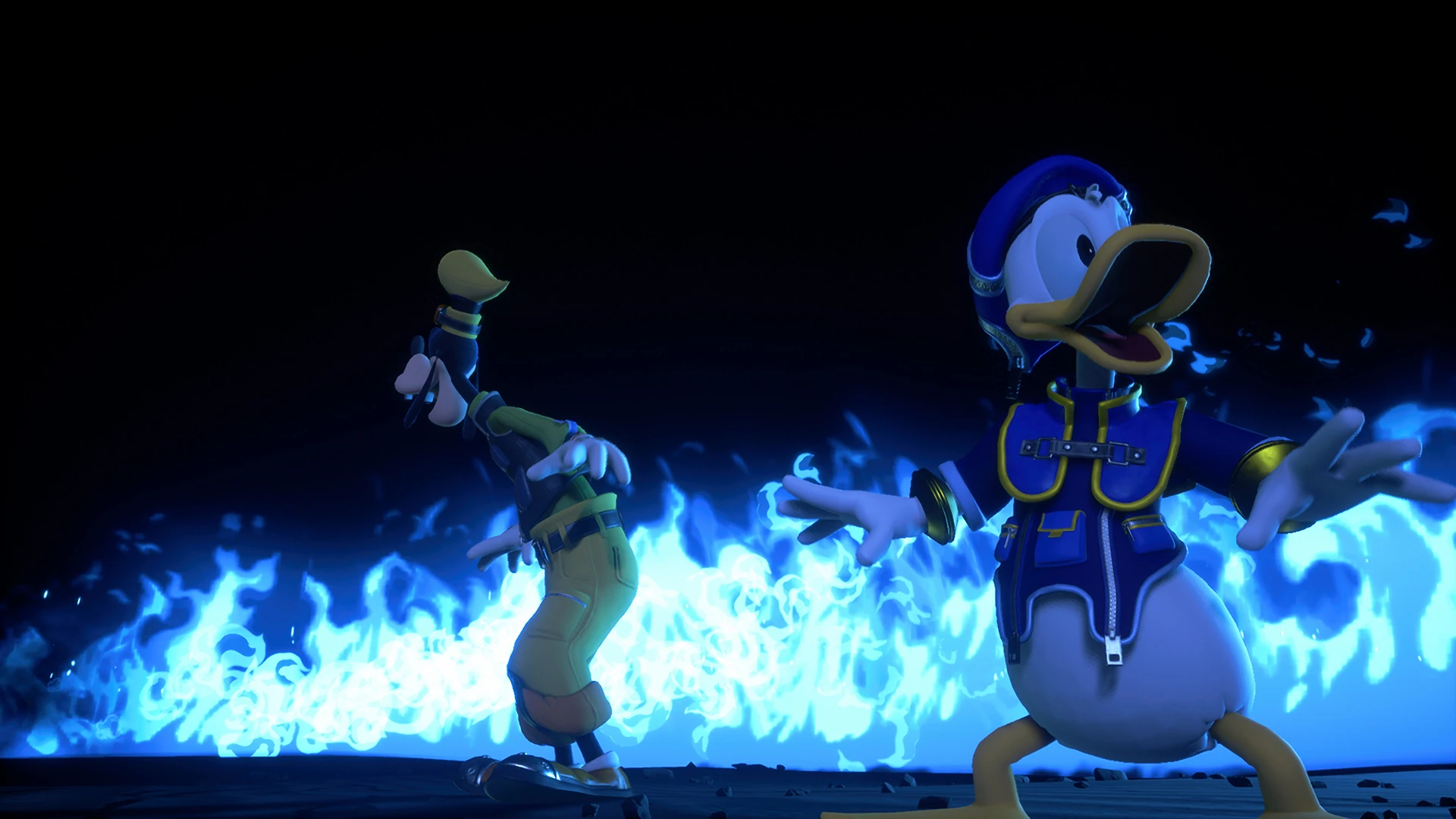 Donald y Goofy en posición de combate, recortados contra una pared de llamas azules sobre fondo negro