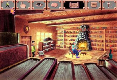 Interior de una librería con chimenea, estanterías y Alexander de verde a la izquierda; arriba, la barra de iconos de Sierra con el cursor sobre andar