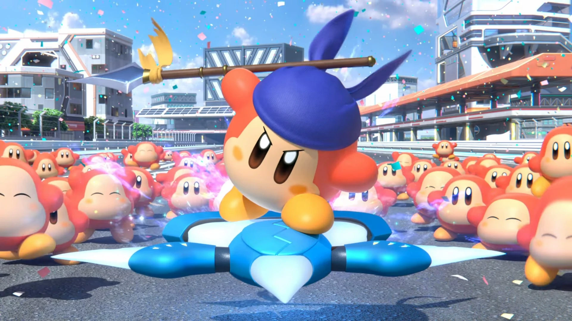 Waddle Dee pañuelo, con lanza y gorro azul, sobre una nave blanca y rodeado de decenas de Waddle Dee