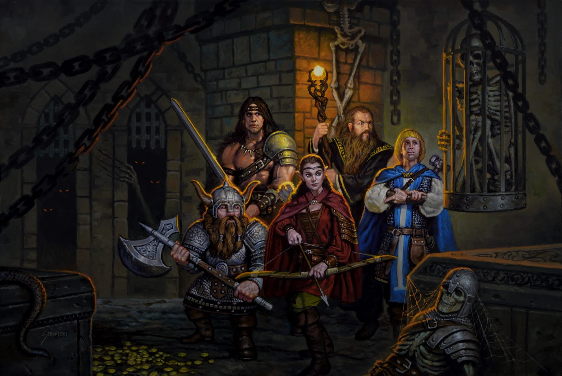 Ilustración de un grupo de aventureros en una mazmorra: un enano con hacha, una arquera, un bárbaro y un hechicero con báculo entre esqueletos
