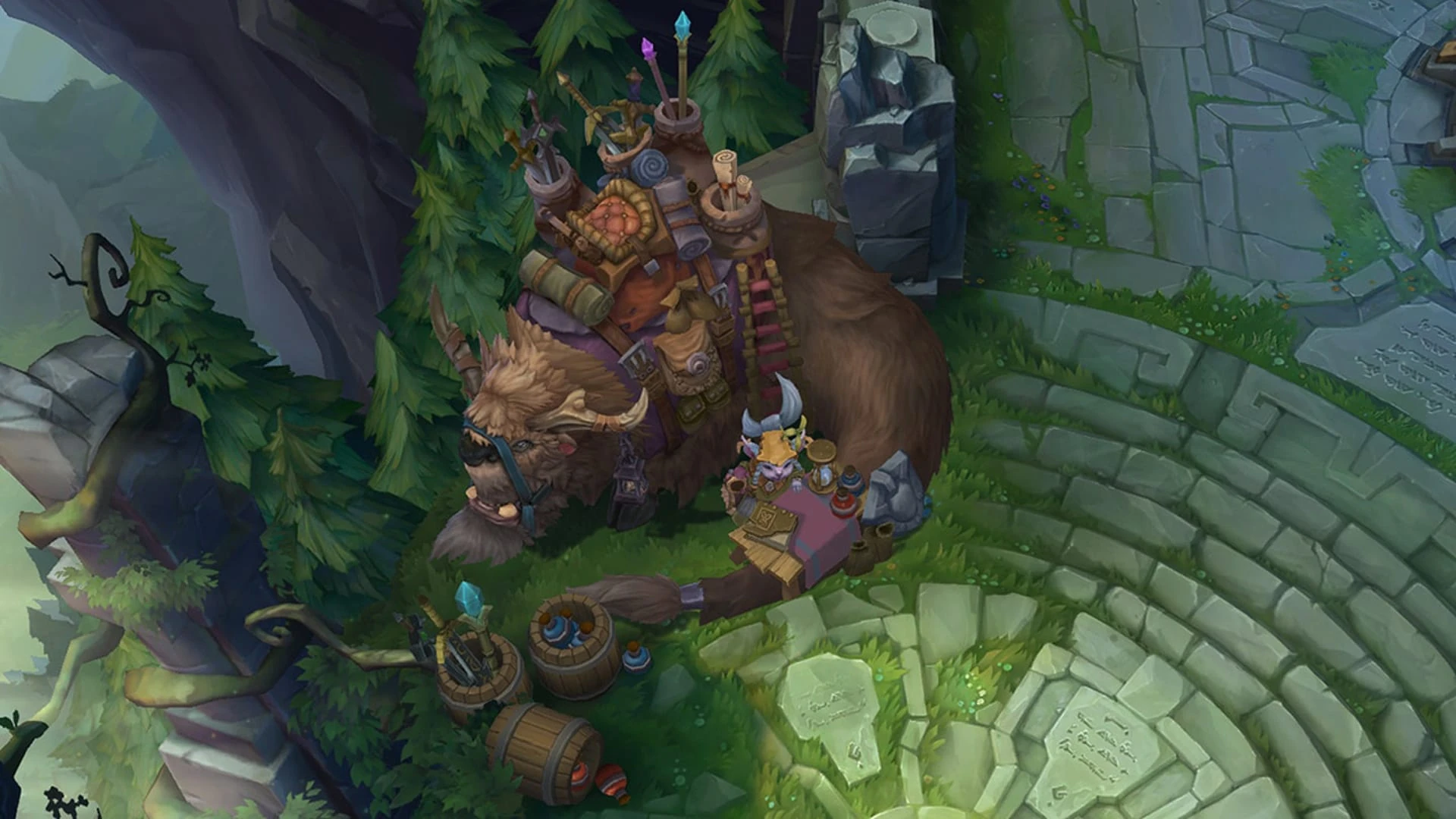El tendero yordle de la base junto a un bisonte cargado de armas y pociones