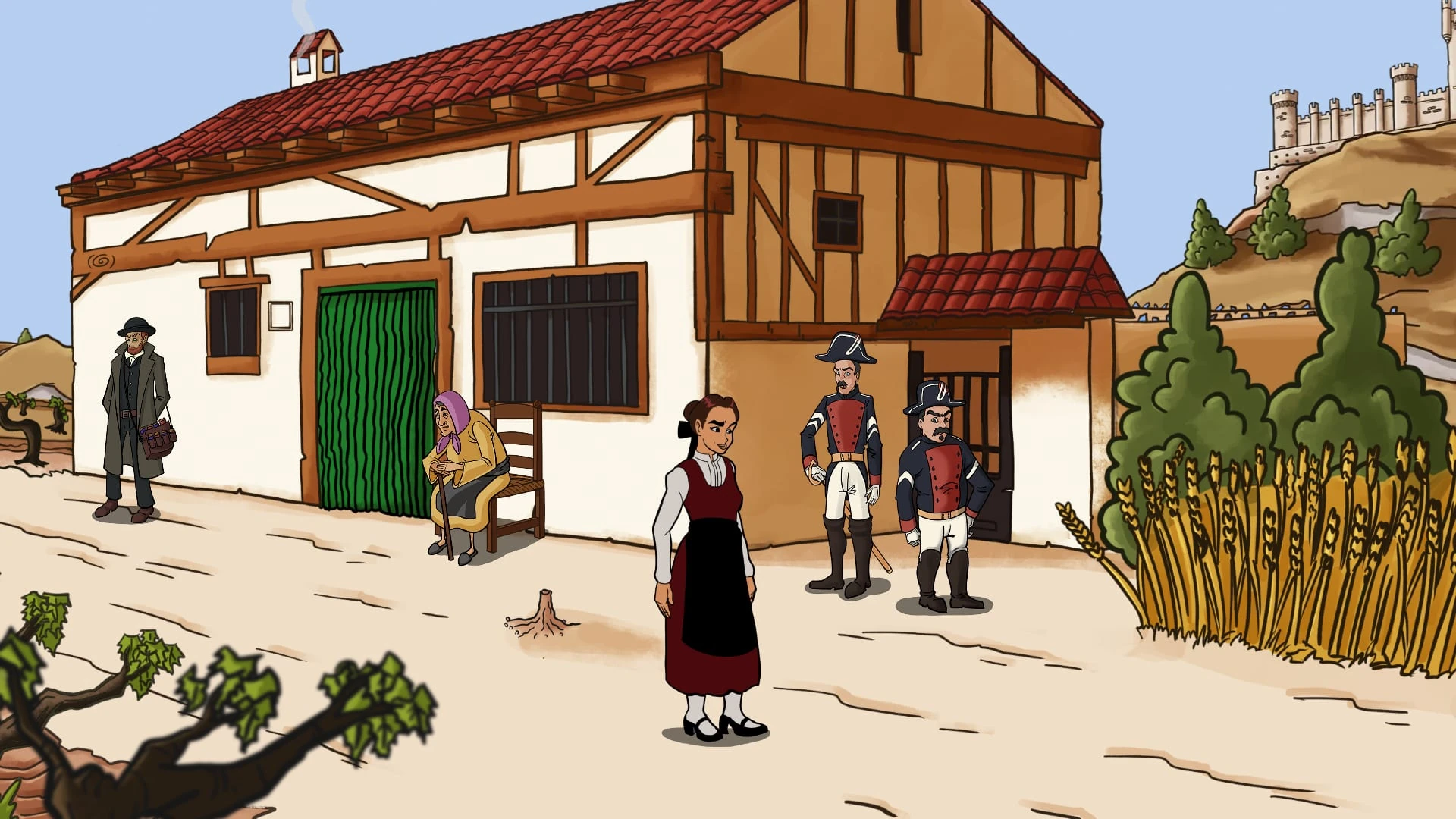 María, con falda roja y delantal negro, ante una casa encalada de entramado de madera, con dos soldados de uniforme, un anciano y un castillo en el horizonte