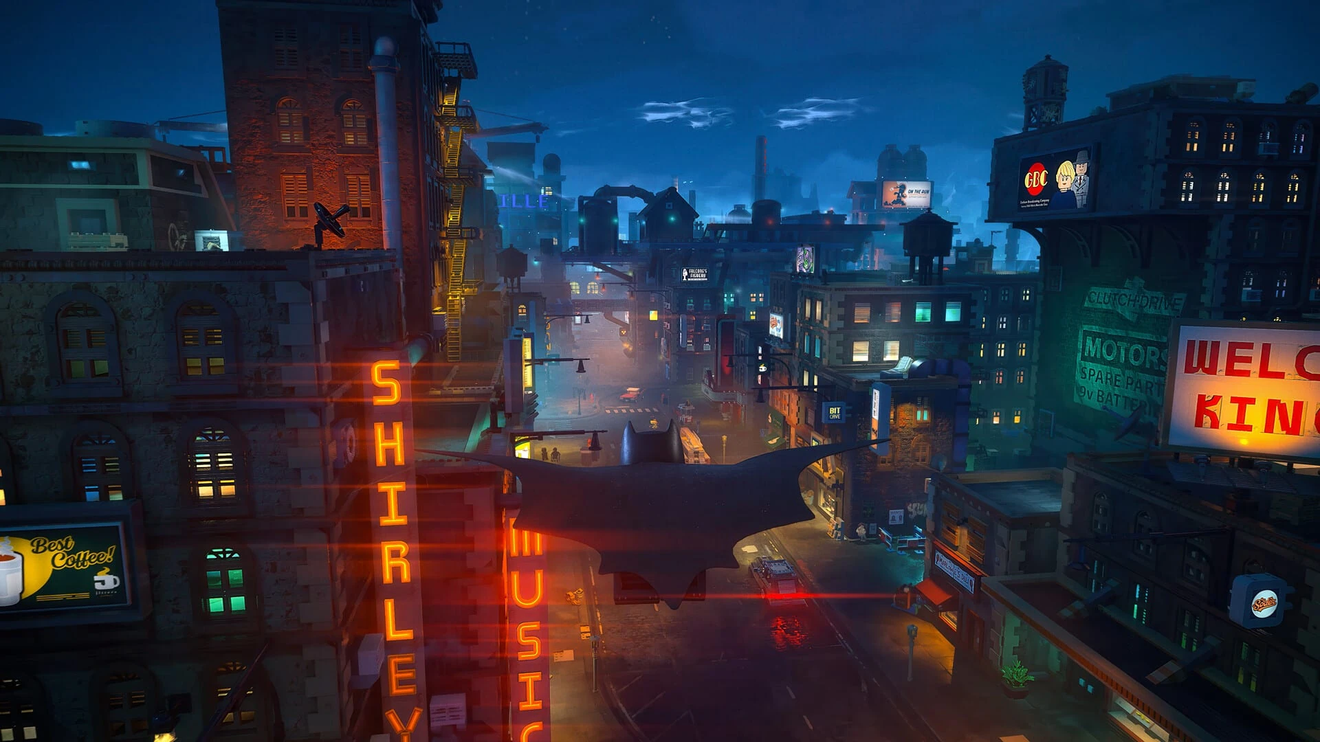 Batman, de espaldas y con la capa abierta, planea sobre una calle de Gotham llena de neones y carteles