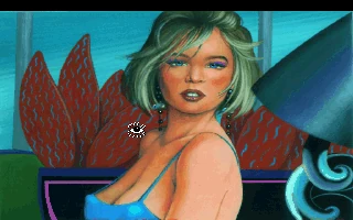 Primer plano de Fawn, de pelo rubio y pendiente azul, en el remake VGA de 1991; el cursor es el ojo de Sierra