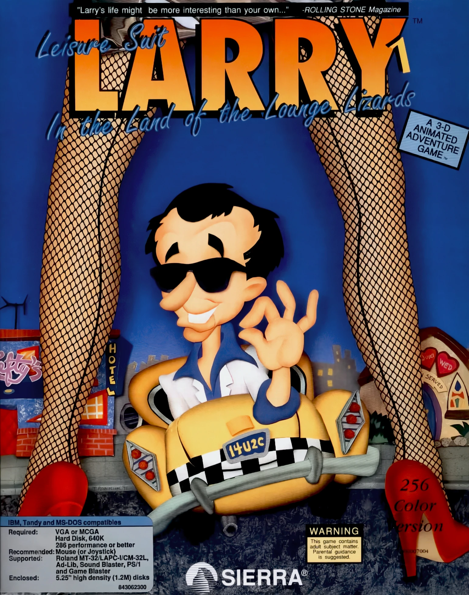 Caja del remake VGA de Leisure Suit Larry 1: Larry en un taxi amarillo, rótulo 256 Color Version y aviso de contenido para adultos