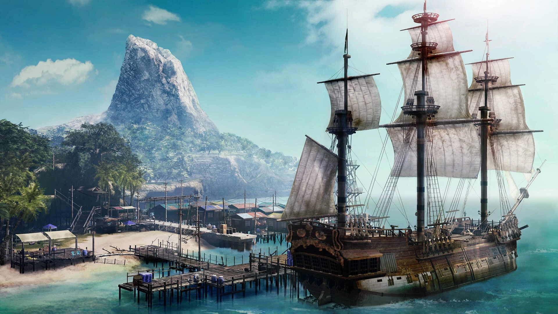 Un galeón fondeado junto a un muelle de madera en una bahía tropical, con un pico montañoso al fondo