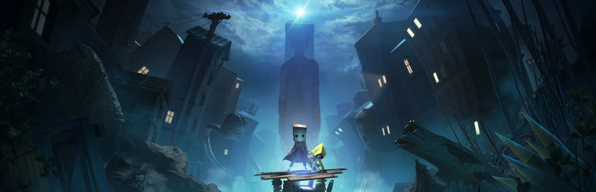 Arte oficial: una ciudad de edificios torcidos bajo una luz azul, con una torre altísima al fondo y dos niños pequeños en primer plano
