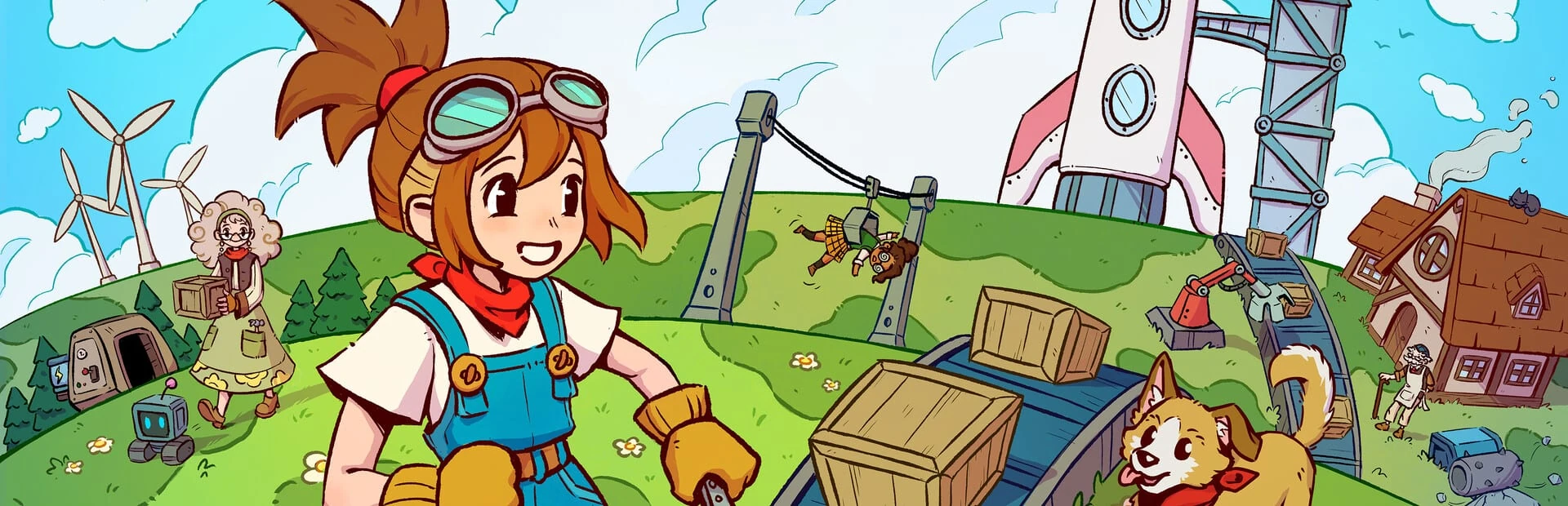Ilustración de Morgan, con gafas de aviador y peto vaquero, sonriendo junto a un perro, con un cohete, una grúa y el pueblo al fondo