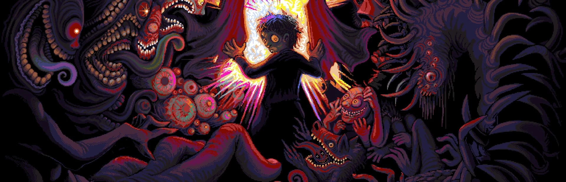 Pixel art de un chico que abre una ventana de la que sale una luz blanca, entre criaturas con tentáculos, ojos y bocas enormes