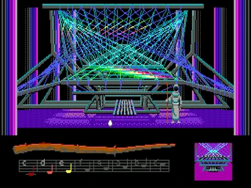 El Gran Telar de la isla, con la rueca de ocho notas en la parte inferior de la pantalla y el pentagrama donde se apuntan los hilados aprendidos