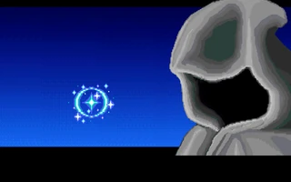 Una figura encapuchada de gris ocupa la mitad derecha de la pantalla; a la izquierda, sobre un cielo azul, gira un círculo de destellos