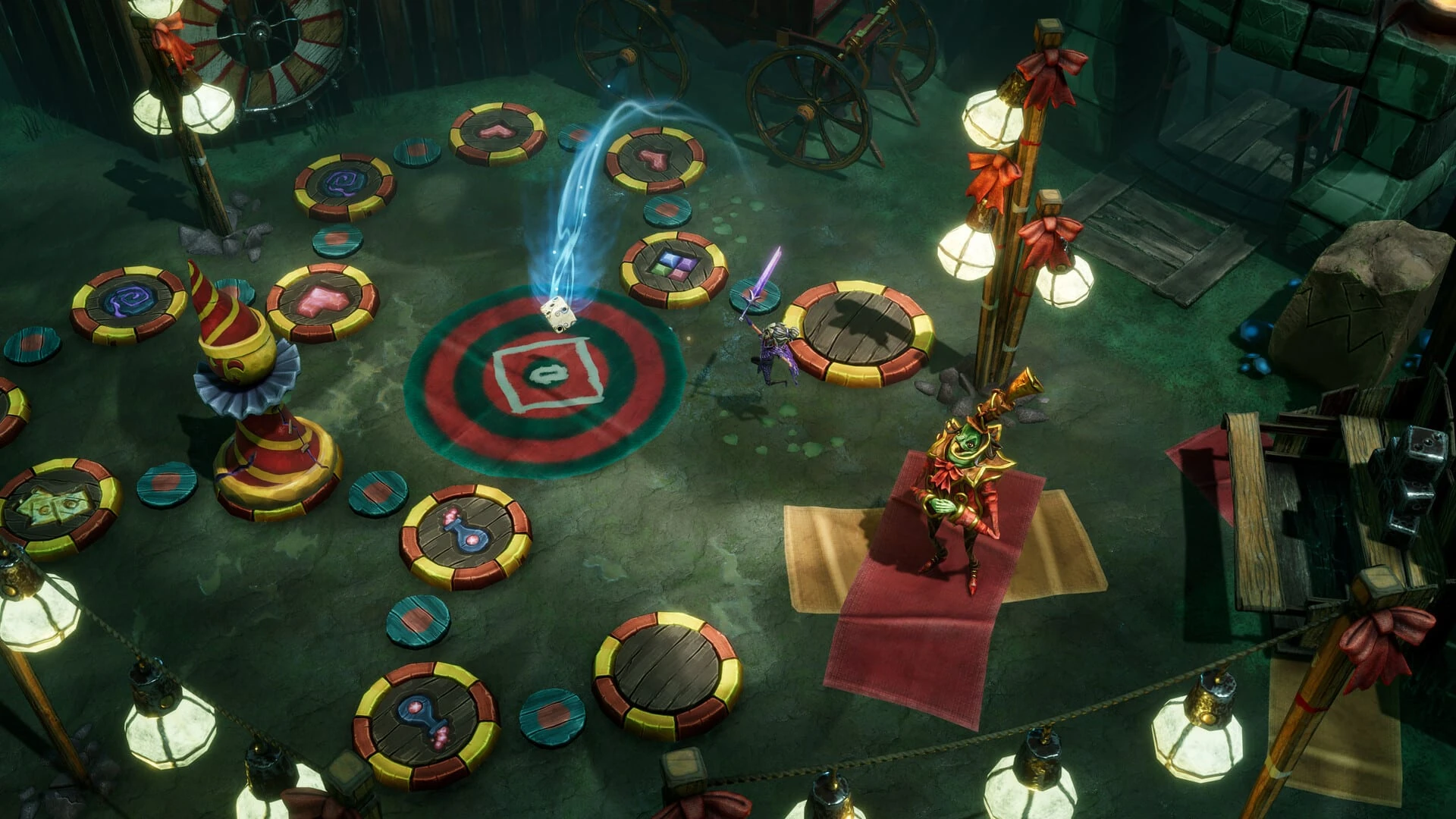 Vista desde arriba de una sala como un tablero de juego, con casillas redondas y un dado en el aire; la protagonista con su espada y un personaje con sombrero