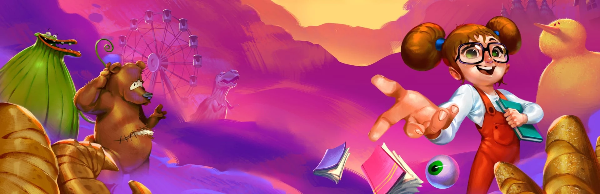 Ilustración: Lucy sonríe y tiende la mano sobre un cielo violeta, con una noria, un oso de peluche remendado y un pato gigante