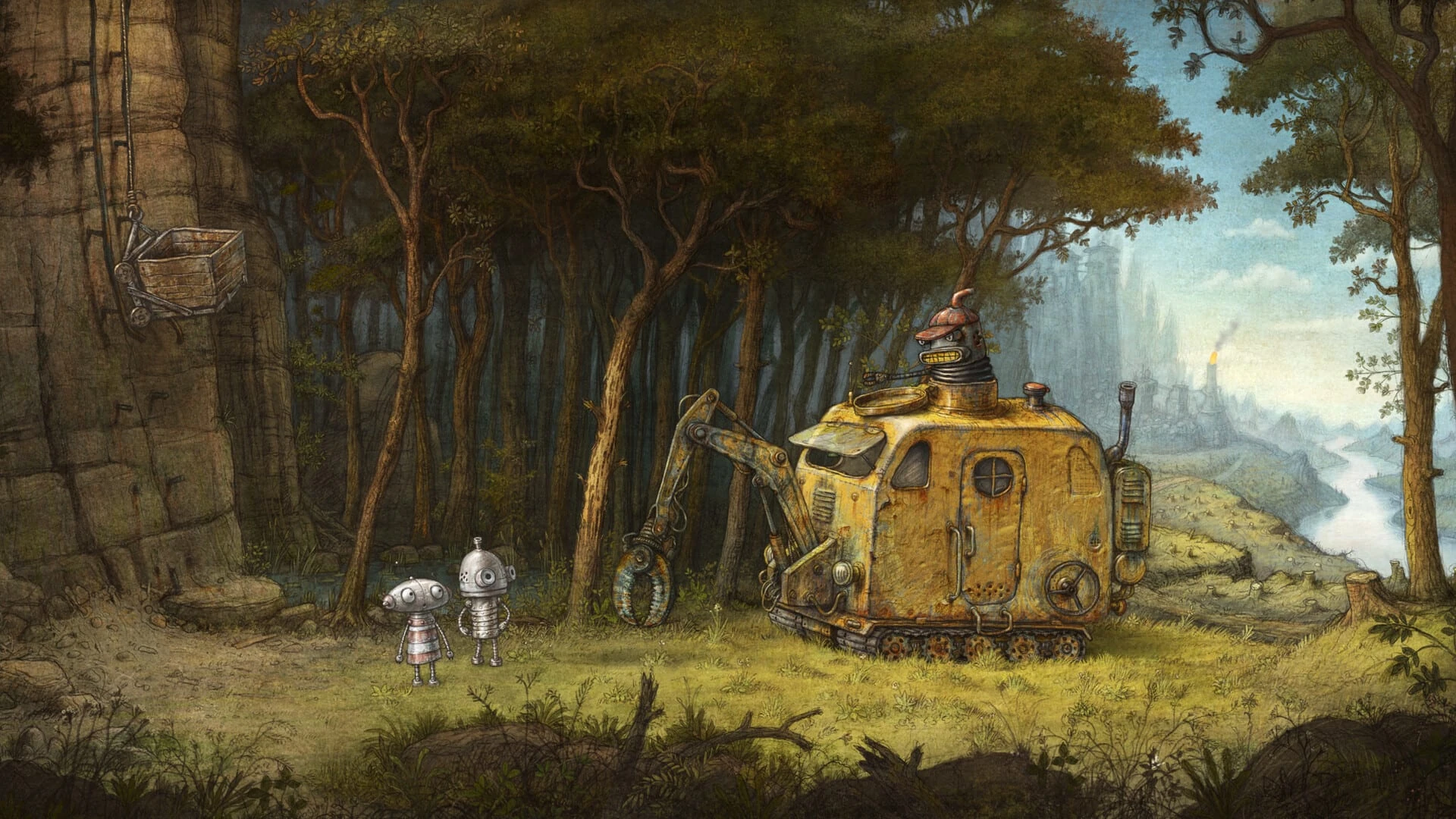 Josef y Berta en el claro de un bosque frente a una excavadora amarilla oxidada con un robot de gorra al mando; al fondo, un río y una ciudad
