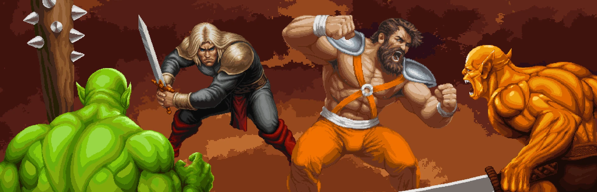 Arte oficial de Mad King Redemption en píxel: un guerrero rubio con espada y un luchador barbudo se encaran con dos brutos de piel verde y naranja
