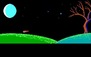 La misma colina con la luna a la izquierda y un meteoro rojo cruzando el cielo hacia la ladera