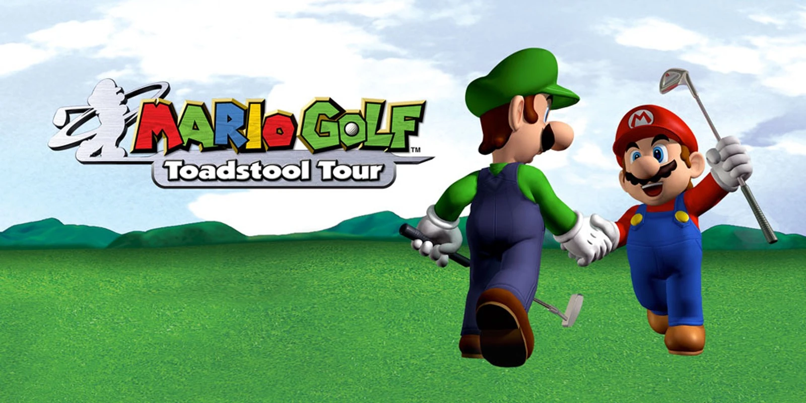 Luigi, de espaldas con un putter, y Mario, con un hierro en alto, se dan la mano en medio de una calle de césped bajo un cielo con nubes