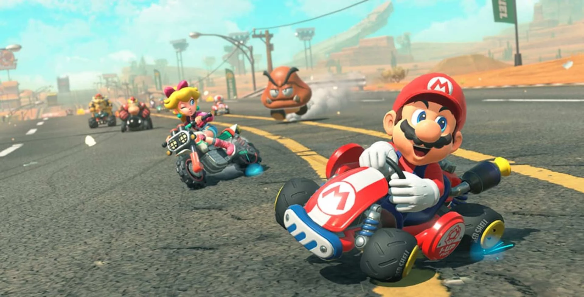 Carrera de Mario Kart World en un circuito conectado al mapa