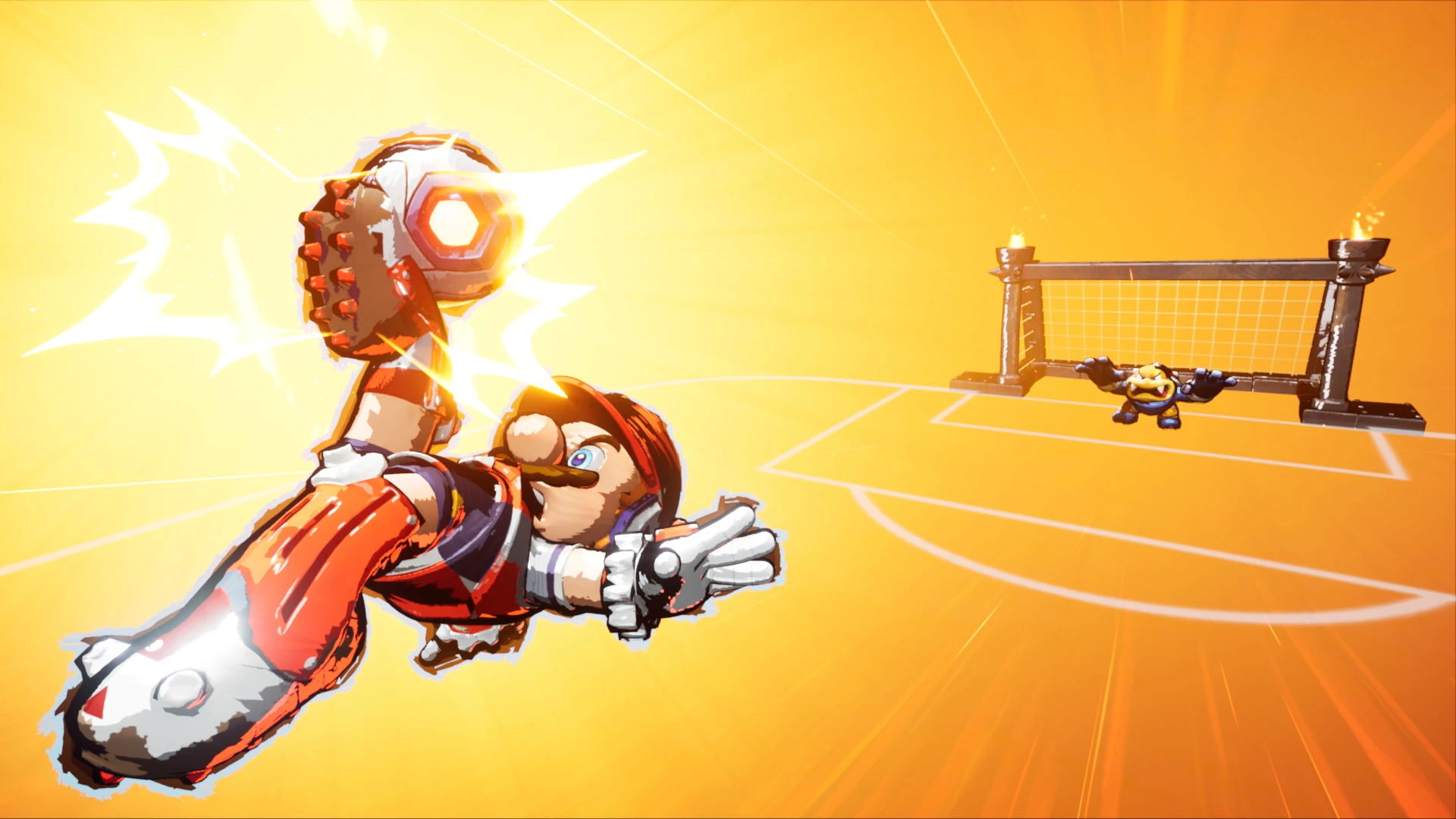 Partido de Mario Strikers Battle League en un campo con valla eléctrica