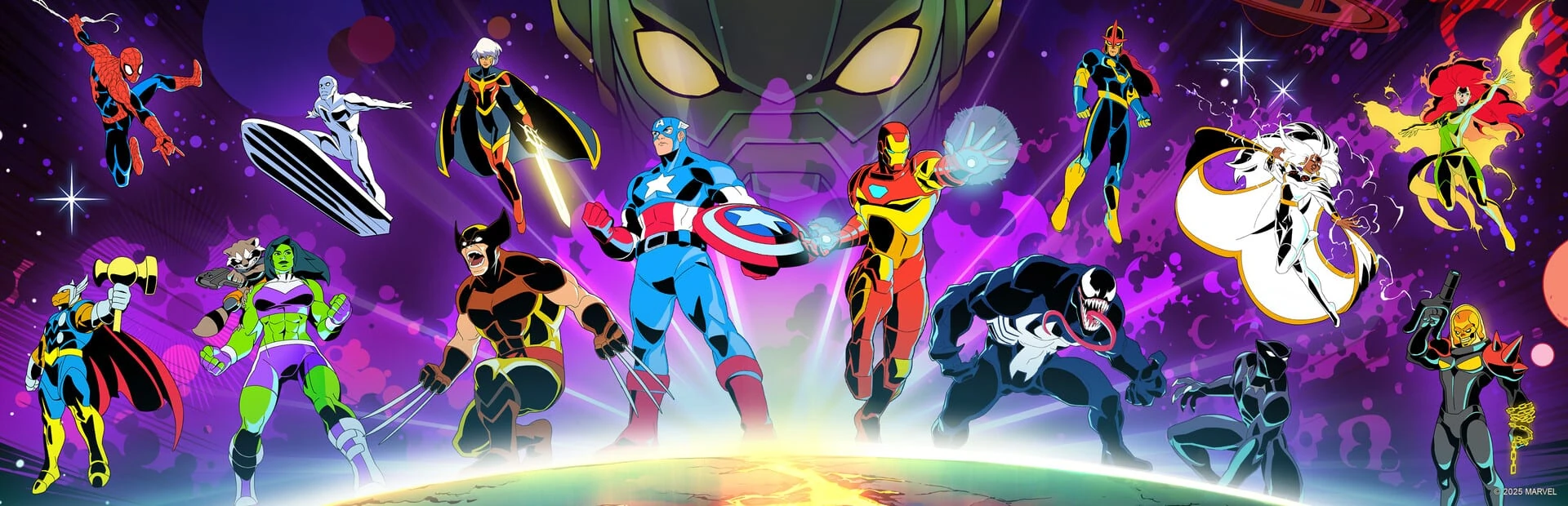 Arte oficial de Marvel Cosmic Invasion: una docena de héroes de Marvel sobre un fondo espacial violeta, con el rostro de Annihilus detrás