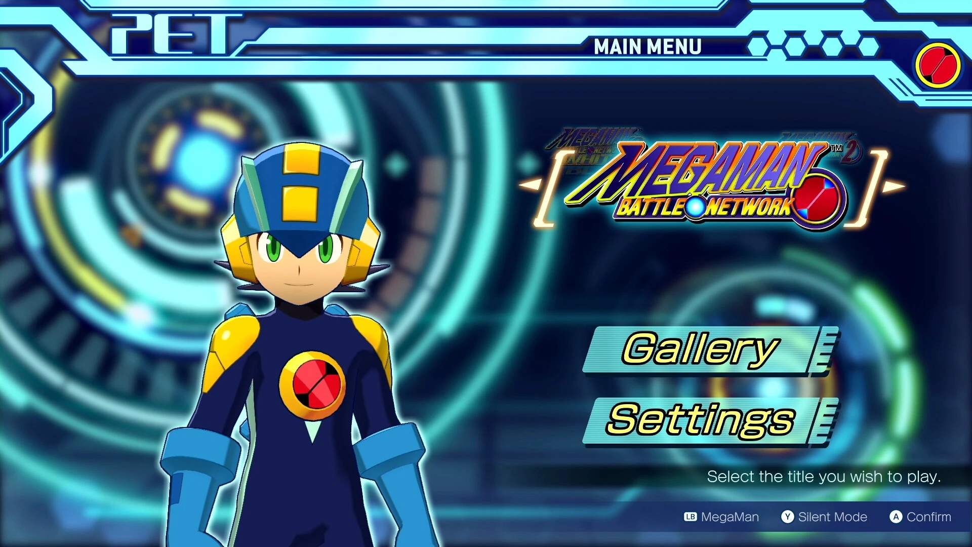 Menú principal de la colección con estética de terminal PET: MegaMan.EXE en 3D y el logotipo de Mega Man Battle Network, sobre círculos azules