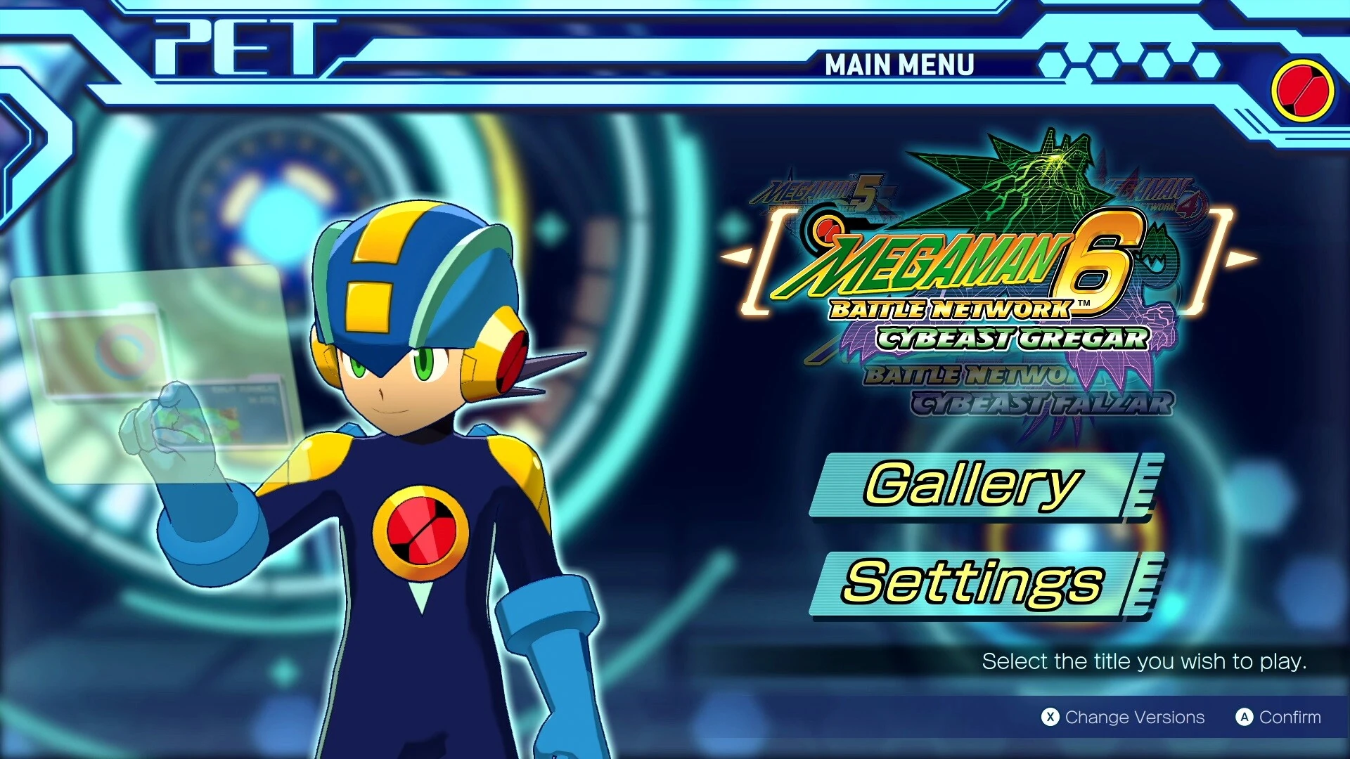 Menú principal de la colección: MegaMan.EXE en 3D a la izquierda y el logotipo de Battle Network 6 a la derecha