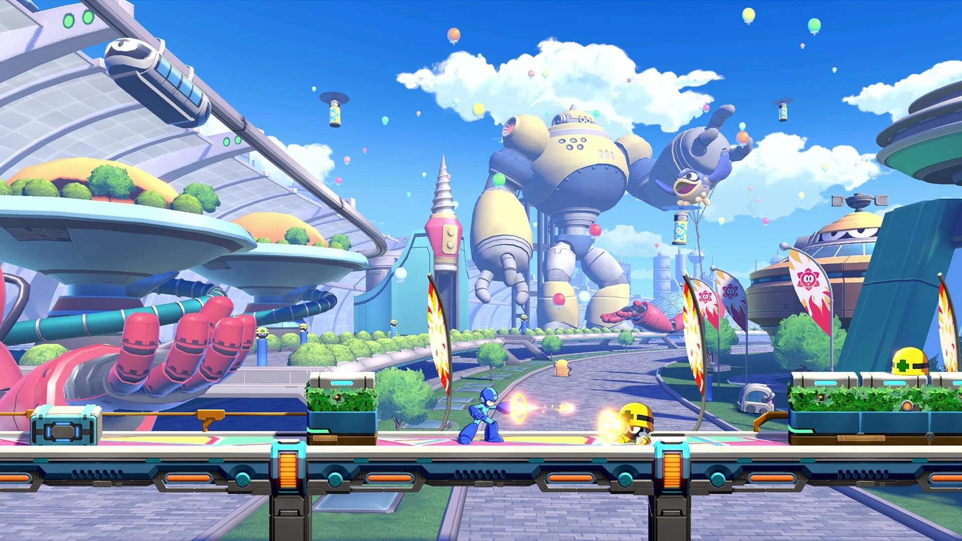 Mega Man dispara a un enemigo con casco amarillo sobre una pasarela, delante de una ciudad futurista con un robot gigante de feria, globos y un monorraíl