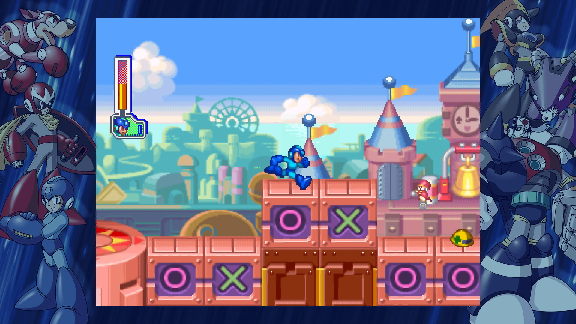 Mega Man salta sobre bloques rosas con círculos y aspas, delante de una ciudad de torres, una noria y un castillo con reloj, en gráficos de 32 bits