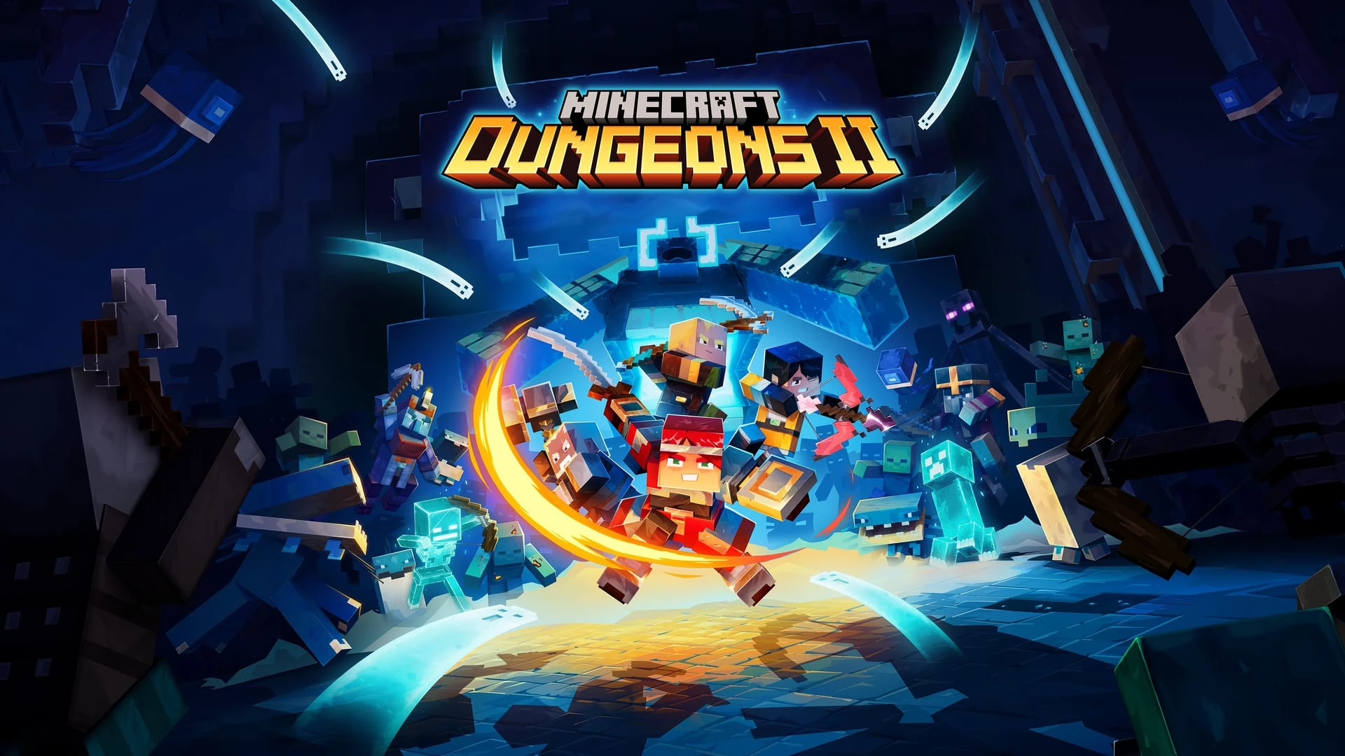 Arte oficial de Minecraft Dungeons II: cuatro héroes peleando con mobs bajo el logotipo del juego