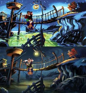 Dos fotogramas de la misma escena, uno encima del otro: LeChuck sujeta a Guybrush boca abajo en un puente de noche; arriba en pixel VGA y abajo en el dibujo de 
