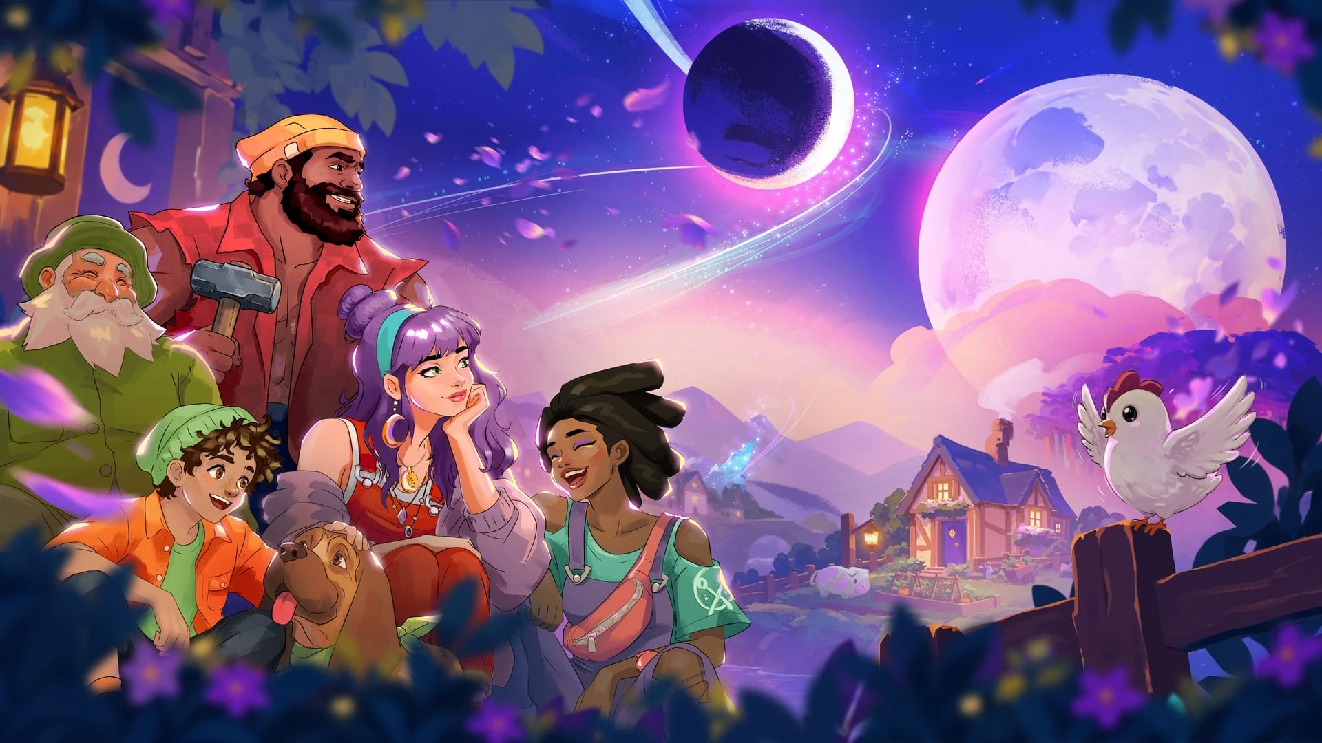Cinco vecinos de Moonfrost sentados junto a una valla, con un perro y una gallina, miran un pueblo con una casa iluminada bajo una luna llena y una segunda luna oscura
